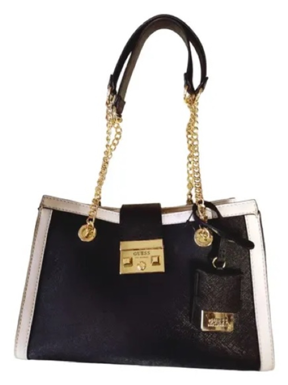 GUESS Black and White Chain-Handle Satchel with Gold Hardware
